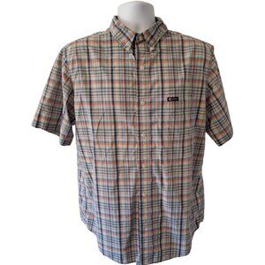 Chaps Men Button Down Shirt Large Blue Red Plaid Short Sleeve Preppy Lt Academia